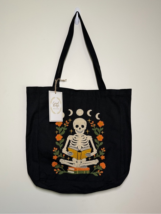 Coral Ridge Designs Handbags - Black Skeleton Reading Embroidered Canvas Tote Bag Book Flowers Moon Reading
